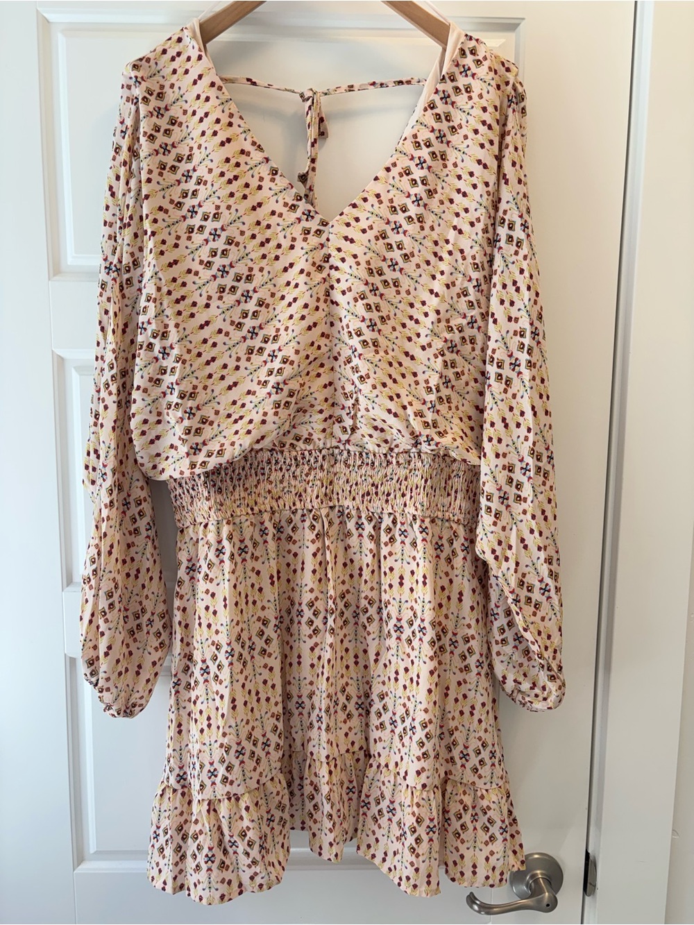 Cream Floral Smocked Waist Boho Mini Dress